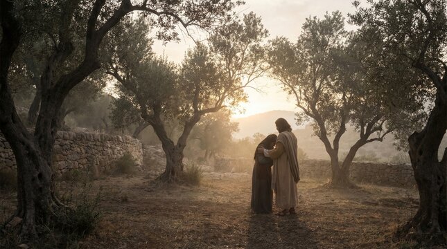 Jesus comforting woman in olive grove at sunset. Religious scene for Christian faith, worship, and Bible study materials.