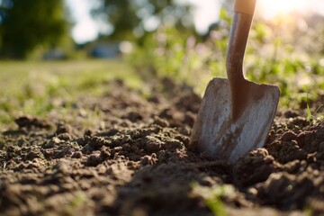 A shovel stuck in the soil of a garden bed. Preparing the earth for planting in the spring. Agriculture and horticulture concept