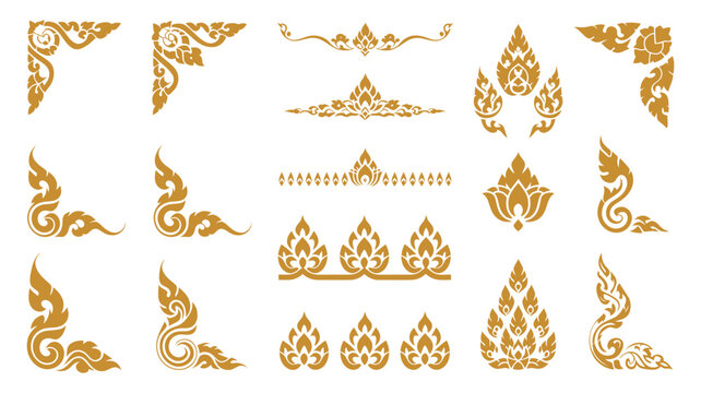 Thai Decoration Elements Design Collection Featuring Traditional Kanok Patterns, Lotus Ornaments, Floral Symbols, Elegant Borders and Corner Motifs for Luxury Branding
