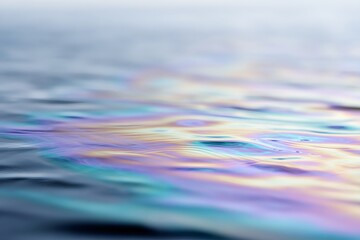 Fototapeta premium Close-up of a colorful iridescent oil slick on the water's surface. Abstract fluid texture from a gasoline spill. Environmental pollution background