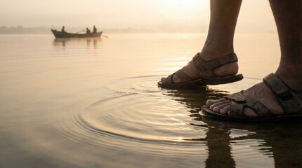 Naklejka premium Man in sandals walking on water at sunset with a boat in the background. Religious concept of faith, belief, and bible stories.