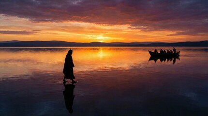 Fototapeta premium Jesus Christ walking on water before a boat of disciples on a lake at sunset. Biblical miracle for religious illustration.