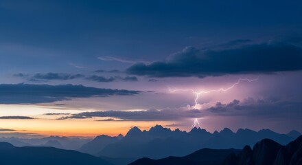 Obraz premium Powerful Lightning Bolt Striking Mountain Peaks at Sunset, Cinematic Concept for High Energy, Innovation Spark, and Natural Force in Modern Technology