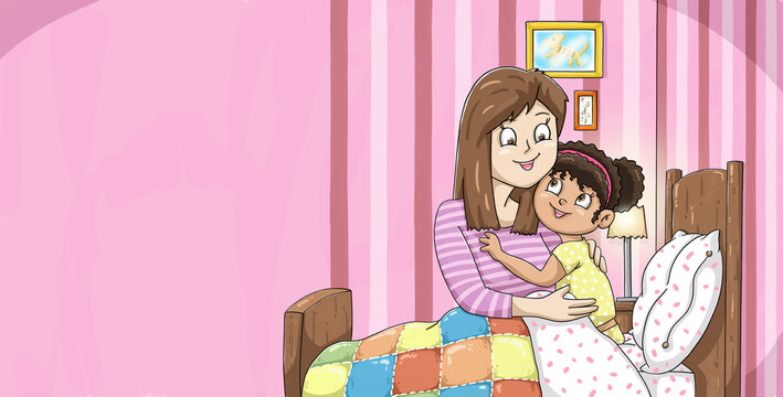 Dibujo para ni&ntilde;o, madre abrazandoy acostando a su hija, buenas noches!
