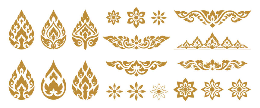 Thai Decorative Graphic Elements Collection Featuring Golden Lotus, Flame Motifs, Kanok Patterns and Floral Vector Ornaments for Traditional Design and Cultural Branding