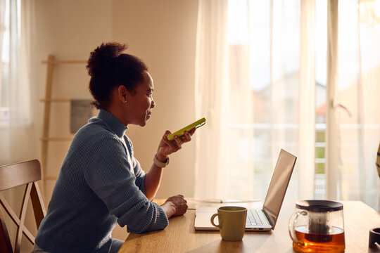 Happy woman uses her phone in the dining room