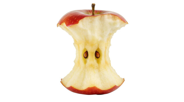 Red apple core with brown seeds isolated on transparent background showing fruit waste art