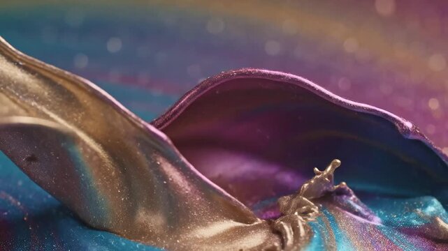 Mesmerizing Macro Shot of Iridescent Liquid Splashing and Swirling with Metallic Pigments in a CloseUp Abstract View.