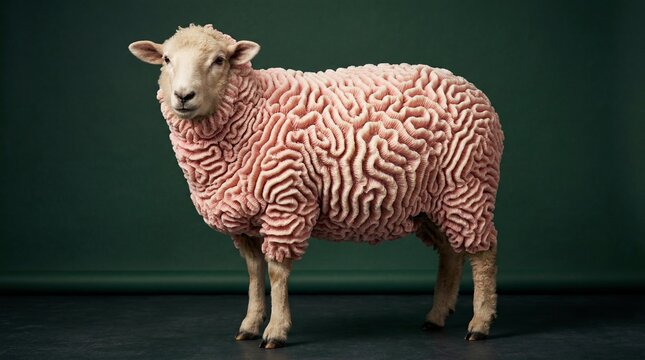 Surreal sheep with pink brain texture wool on a dark green background, intelligence concept