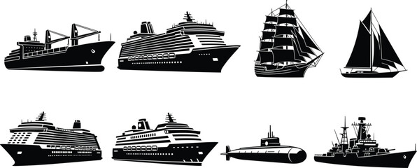 Silhouette collection of cargo ship, cruise liner, sailing vessel, sailboat, submarine, warship, maritime transport icons, naval fleet illustration, nautical clipart © Azizul360