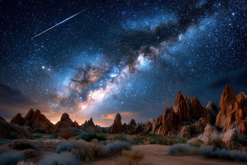 Obraz premium Majestic Night Sky Over Desert Rock Formations Starry Milky Way Meteor Trail