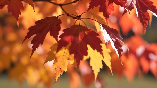 Closeup of vibrant red and orange maple leaves in autumn backlit by the sun showcasing the beauty of the fall season and natures changing colors on a tree branch.
