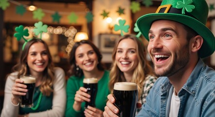 Obraz premium Happy man in a green hat holding a stout with friends in the background. Group celebrating St. Patrick's Day in a pub