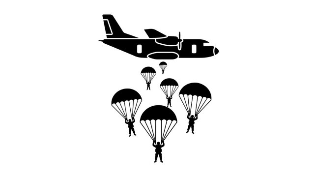 Group of paratroopers jumping from a military transport airplane with open parachutes.
