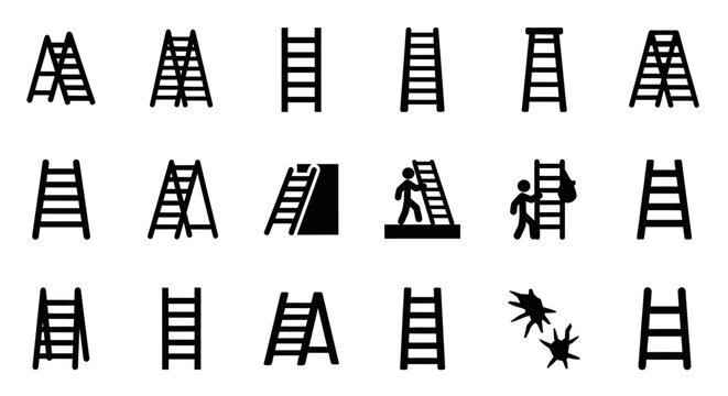 Collection of ladders and equipment silhouetted against a plain background viewed from a straightforward angle