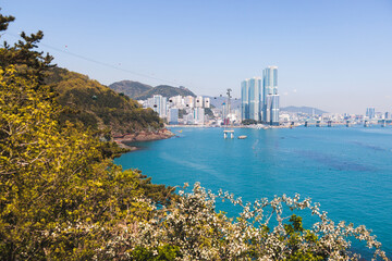 Busan Air Cruise, Busan cable car, ride on multicoloured sky capsule gondola route, with Songdo beach and Skywalk and Busan Bay panorama, South Korea, Songdo Station in a spring sunny day © tsuguliev