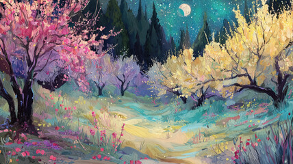 Naklejka premium Impressionist Spring Orchard Pathway Blossoming Pink Trees Warm Golden Light Dreamy Romantic Painting