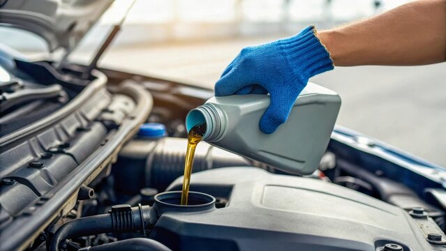 A mechanic in blue gloves pours engine oil into a car engine, vehicle maintenance, car service, oil change, auto repair.