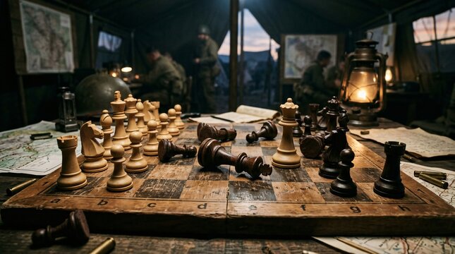 World War II Soldiers Play Chess Amidst Maps and Ammunition in Tent Camp Scene