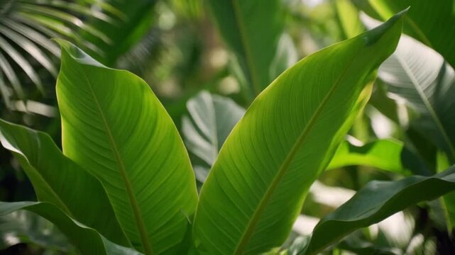 Vibrant green tropical leaves in a lush forest or garden with dappled sunlight filtering through