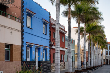 Naklejka premium Walking in old part of Puerto de la Cruz, Tenerife North, old houses and narrow atreets, local architecture, tourists destination, Spain
