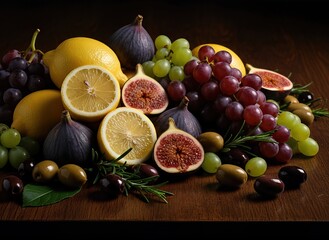 Still Life with Fresh Lemons, Figs, Grapes, and Olives on Dark Wood