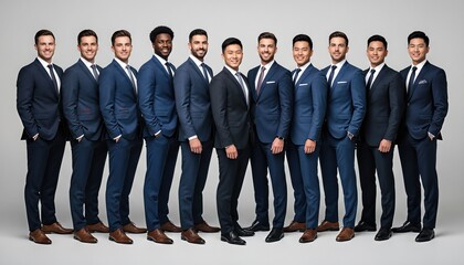 Fototapeta premium Group of Eleven Diverse Businessmen in Blue Suits Standing Together
