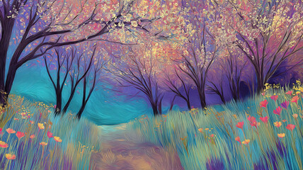 Fototapeta premium Whimsical Blossoming Trees Magical Pastel Sky Misty Mountain Fantasy Digital Landscape Art Painting