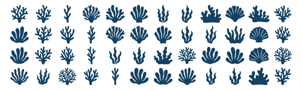 Coral reef and seaweed silhouette icons set, marine underwater ocean aquatic plants collection on transparent background