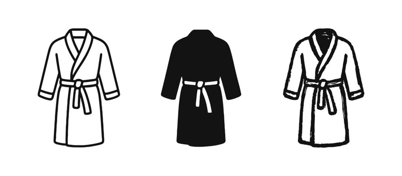 Bathrobe Icon Set. Outline, Solid, and Hand-Drawn Style Dressing Gown Symbols for Spa and Hotel.