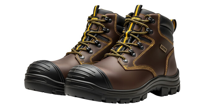 Brown leather work boots with yellow laces on transparent background isolated