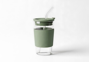 Reusable glass tumbler with green silicone sleeve and straw