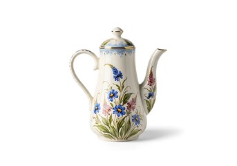 Elegant floral teapot with gold accents on white background