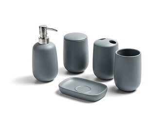 Modern gray bathroom accessories set with soap dispenser and toothbrush holder