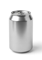 Shiny silver soda can on white background for beverage branding