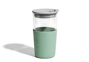 Reusable green eco-friendly coffee travel mug with silicone sleeve