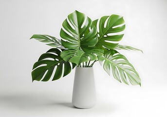 Lush Monstera deliciosa plant in modern white vase on clean background