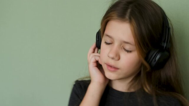 Beautiful preteen girl with long hair wearing wireless headphones, enjoying and listening to her favorite music, singing and dancing with her eyes closed against a solid green background