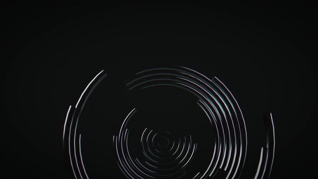 Black background with glowing circular light rings and arcs forming a subtle abstract radial pattern with soft neon highlights and strong negative space for modern design