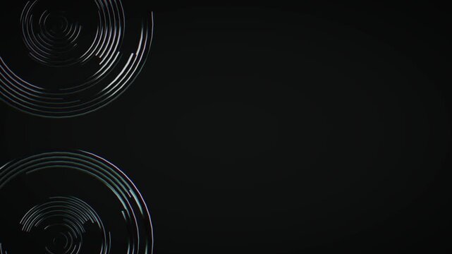 Minimal black background featuring glowing circular rings and arcs arranged in radial patterns with ample negative space creating a sleek futuristic abstract design