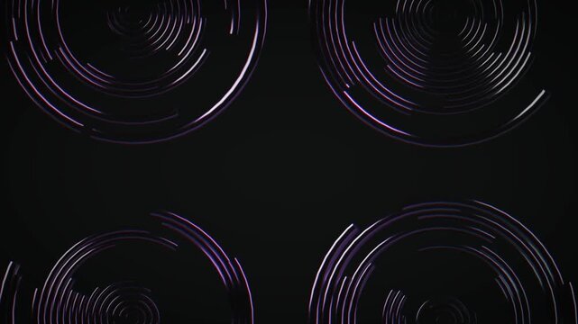 Minimal dark background featuring multiple glowing circular light rings and concentric arcs creating a futuristic abstract pattern with subtle neon highlights and deep black negative space