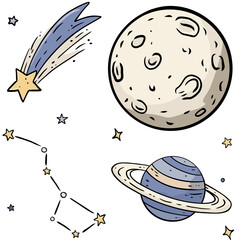 Cute space elements with comet, moon, saturn and constellation in outer space, perfect for kids coloring page, nursery wall art © PinkBirdDesign