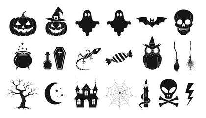 Fototapeta premium Collection of black and white Halloween featuring pumpkins ghosts bats skulls cauldrons coffins... d
