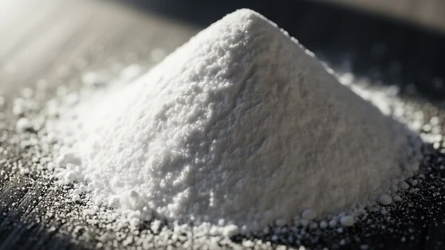 A mound of white powder on a dark surface with light shining on it