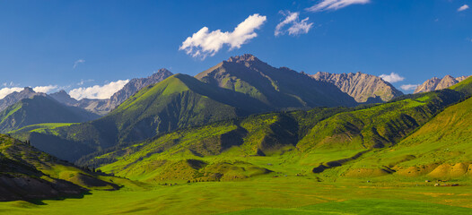 Vast landscape featuring majestic mountains and rolling hills. Lush green pastures and scattered clouds create a peaceful countryside scene. © lucky pics