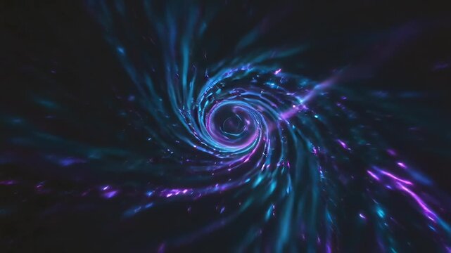 Abstract cosmic wormhole with glowing blue and purple light trails, cinematic space vortex motion, futuristic energy spiral background