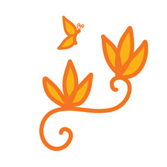 Fototapeta premium Whimsical orange butterfly flutters near stylized blooming flowers