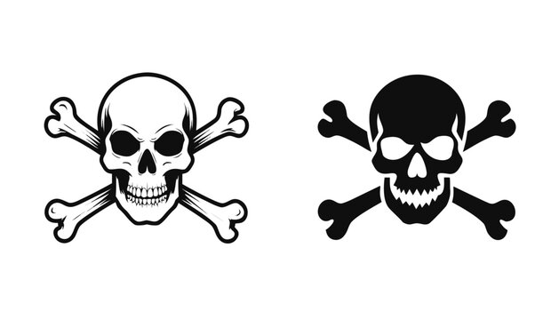 Two skull and crossbones symbols one in black silhouette and one in white outline on a white... desi