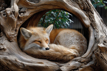 Fototapeta premium Fox resting comfortably in a hollowed tree during a sunny afternoon in nature