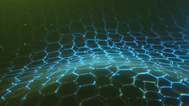 Futuristic glowing blue hexagon grid, digital wave of geometric honeycomb patterns, abstract technology background with neon light effects